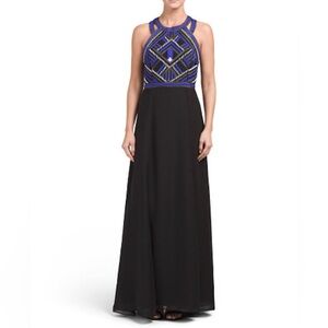 Parker Blue and Gold Graphic Fitted Prom Dress Size 6